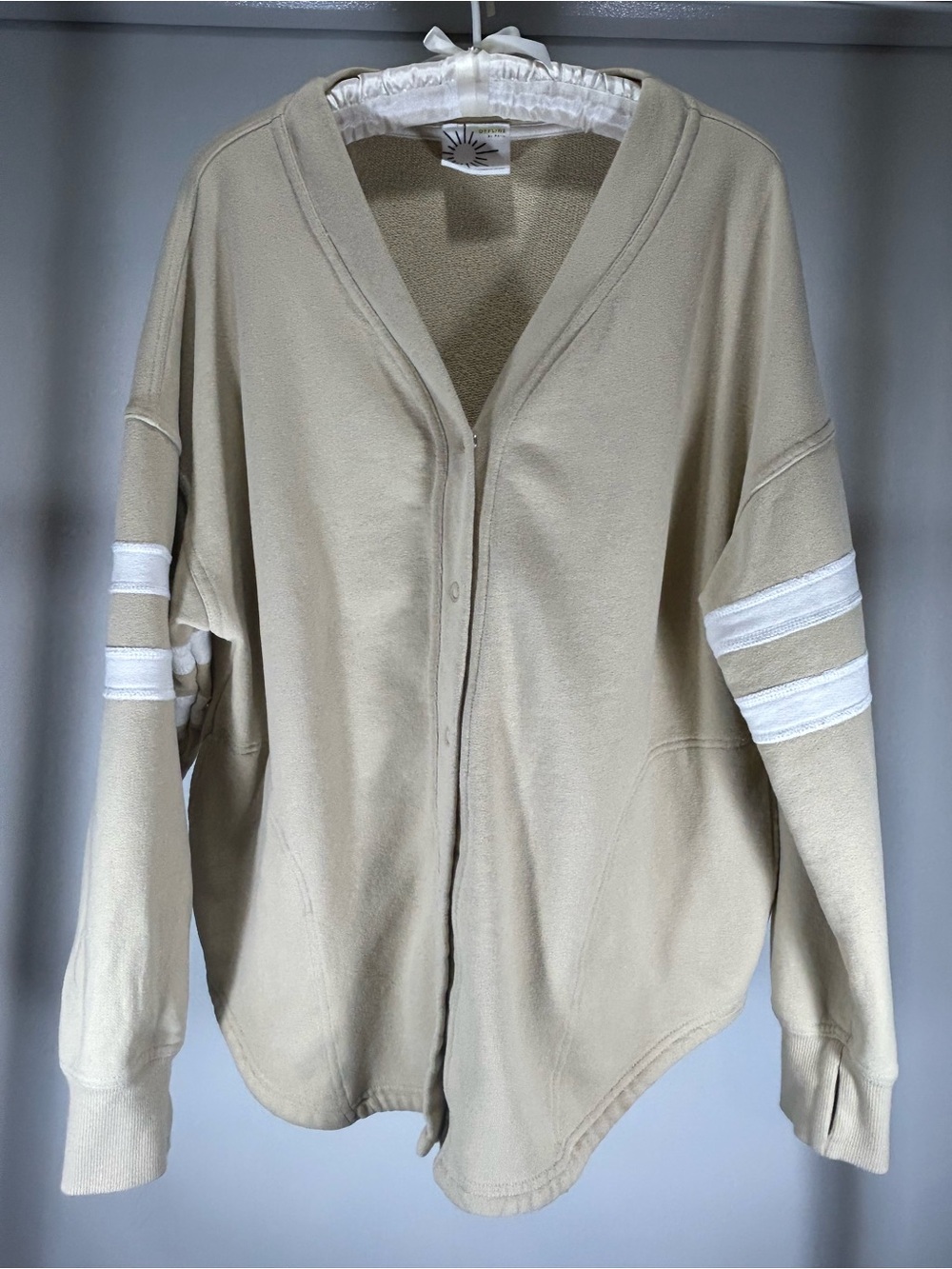 Offline by Aerie Varsity Snap-front Cardigan Sweatshirt in Tan Size Small